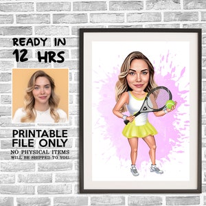 Dibujo de caricatura de tenis a partir de una foto, dibujo artístico de una jugadora de tenis, dibujo de caricatura de tenis, caricatura de tenis, regalo divertido de tenis