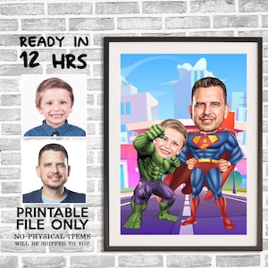 Retrato de dibujos animados personalizado de súper papá e hijo, caricatura de súper papá, regalo para papá, dibujo de superhéroe, retrato de súper papá, regalo del día del padre