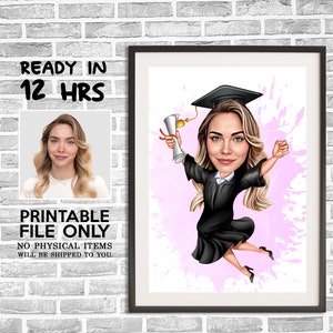 Aangepaste cartoonportret afstuderen, portret afstuderen, afstuderen cadeau, afstuderen cartoon, karikatuur afstuderen, karikatuur van foto