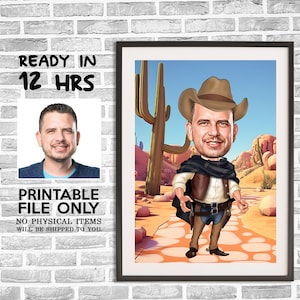 Benutzerdefinierte Cowboy Cartoon Portrait, Cowboy für Männer Karikatur, Digitales Porträt, Cowboy Geschenk, Cowboy Zeichnung Kunst, lustiges Cowboy Geschenk