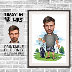 Caricatura di golfista da foto, caricatura di golfista, ritratto digitale, regalo di golfista, regalo di golfista per uomo, ritratto digitale divertente di golfista