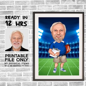 Disegno di un allenatore da una foto, cartone animato di un allenatore maschio, caricatura di un allenatore, regalo divertente per un allenatore, ritratto di un allenatore, cartone animato di un allenatore di football americano