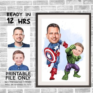 Ritratto personalizzato di un super papà e del suo figlio, caricatura di un super papà, regalo per il papà, disegno di un supereroe, ritratto di un super papà, regalo per la festa del papà