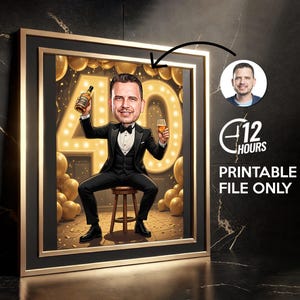Ritratto personalizzato di un uomo di 40 anni, regalo di compleanno personalizzato, caricatura del 40° compleanno, cartone animato di compleanno, regalo divertente di compleanno dell'uomo