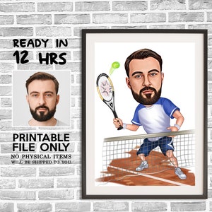 May include: A digital illustration of a cartoon tennis player holding a tennis racket. The player is wearing a white shirt with a blue trim, blue shorts, and white tennis shoes. The player is standing on a red clay tennis court with a net behind them. A tennis ball is flying through the air.