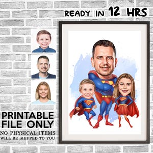 Benutzerdefinierte Super Dad und zwei Kinder Cartoon Portrait, Superheld Karikatur, Papas Geschenk, Super Dad Karikatur, Superheld Kinder Cartoon,