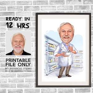 Farmacéutico de dibujos animados personalizado, dibujo artístico de médico masculino, dibujo de dibujos animados de médico, retrato digital, regalo divertido de farmacéutico