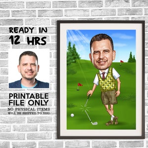 Caricatura di golfista da foto, caricatura di golfista, ritratto digitale, regalo di golfista, regalo di golfista per uomo, ritratto digitale divertente di golfista