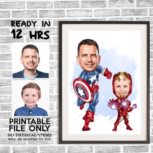 Benutzerdefinierte Super Dad und Sohn Cartoon Portrait, Super Dad Karikatur, Papas Geschenk, Superhelden Zeichnung, Super Dad Portrait, Vatertagsgeschenk