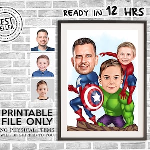 Benutzerdefinierte Super Dad und zwei Sohn Cartoon-Porträt, Superhelden-Karikatur, Papas Geschenk, Super Dad-Karikatur, Superhelden-Kinderkarikatur, Geschenk für Papa