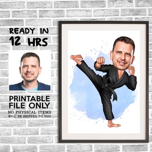 Karate cartoon tekening van foto, mannelijke karate cartoon, karate karikatuur, grappig karate cadeau, tekening karateleraar, vechtsporten