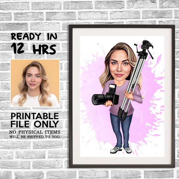 Customized Cartoon Cameraman Caricature, Photographer Gift, Female Photographer, Digital Portrait