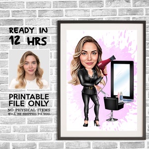 Retrato de caricatura de peluquero personalizado, caricatura de peluquero femenino, retrato digital, regalo de peluquero, arte de dibujo de peluquero