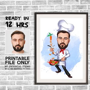 Retrato de desenho animado de chef masculino personalizado, caricatura de chef, presente para chef, desenho animado de chef, presente engraçado de chef, caricatura personalizada de foto, presente de chef