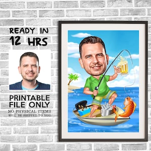 Aangepaste visser cartoonportret, cadeau voor visser, karikatuur van de visser, karikatuur van de visser, aangepaste karikatuur, karikatuur van de visser van foto