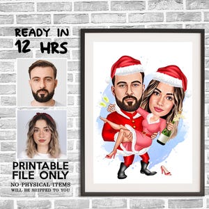 Karikatuur kerstpaar van foto, kerstkarikatuur, digitaal portret, kerstcadeau, kerstcadeau paar, kerstportret