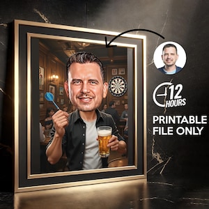 Custom Dart Cartoon Portrait, Dart Lover Caricature, Digital Portrait, Male Gift, Dart Drawing Art, Caricature from Photo, Pub, Beer, Darter