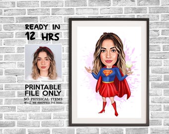 Super Mom Caricature from Photo, Super Mom Caricature, Gift for Mom, Super Woman Gift, Woman Gift, Mother&#39;s Day Gift