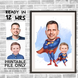 Benutzerdefinierte Super Dad und Kind Cartoon Portrait, Superheld Karikatur, Papas Geschenk, Super Dad Karikatur, Superheld Zeichnung, Super Dad Portrait