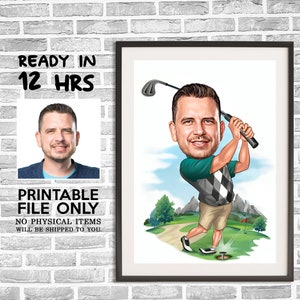 Caricatura di golfista da foto, caricatura di golfista, ritratto digitale, regalo di golfista, regalo di golfista per uomo, ritratto digitale divertente di golfista