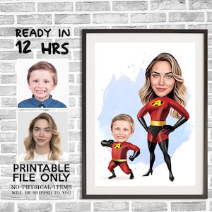 Retrato personalizado de una súper mamá y su hijo, caricatura de superhéroe, regalo para mamá, caricatura de súper mamá, dibujo de superhéroe, retrato de súper mamá