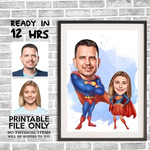 Retrato de dibujos animados personalizado de súper papá e hija, caricatura de superhéroe, regalo de papá, caricatura de súper papá, dibujo de superhéroe