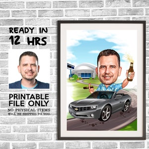 Custom Car Lover Cartoon Portrait, Car Lover Caricature, Digital Portrait, Male Gift, Anniversary Drawing Art, Caricature from Photo