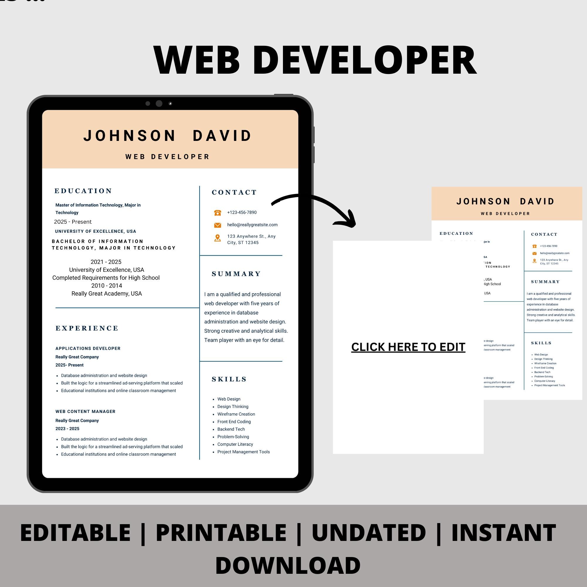 Editable Web Developer Resume Template PDF | Instant Download ...