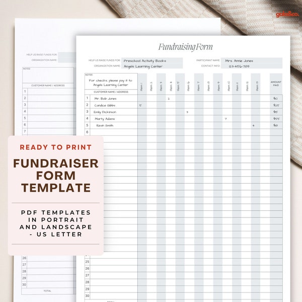 Fundraiser Form Instant Download Easy Printable Template, Fundraiser Sheet Digital Download, Charity Events Donation School Fundraising Form