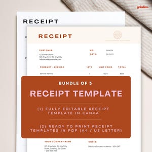 Receipt Template PDF Canva, Rental Auto Repair Childcare Sale Receipt, Small Business Editable Printable Invoice and Receipt Download Bundle