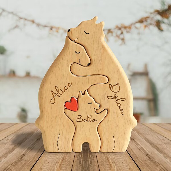 Puzzle familial ours en bois personnalisé Puzzle ours gravé DIY Nom en bois Puzzle Nouveau cadeau souvenir de famille pour bébé Cadeau de vacances unique pour la famille