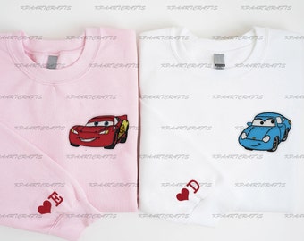 Sweat-shirt brodé McQueen et Sally personnalisé, sweat-shirt Disney avec personnages de couples de voitures, cadeau Saint-Valentin pour lui ou elle, couple assorti