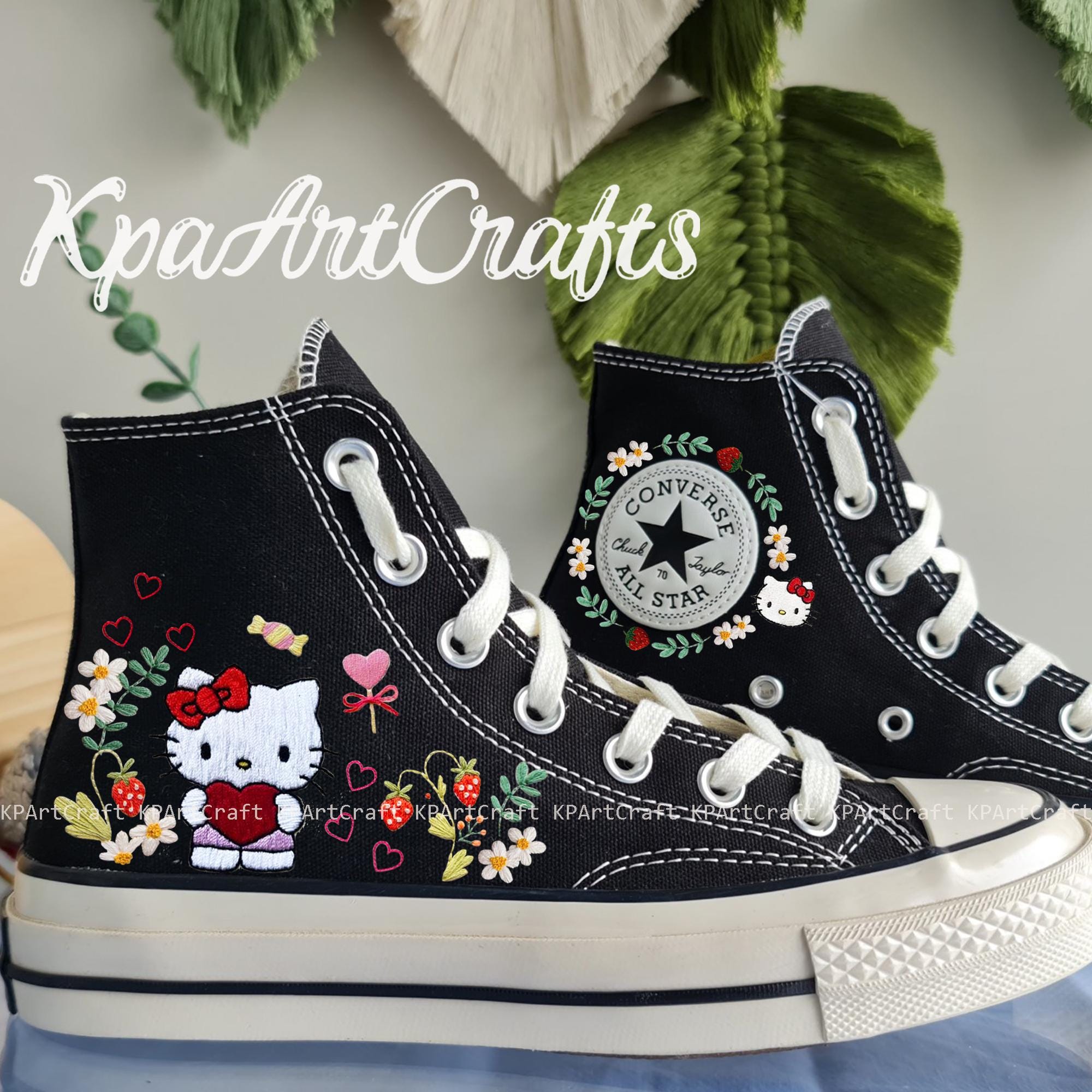 Hello kitty converse black high tops Etsy