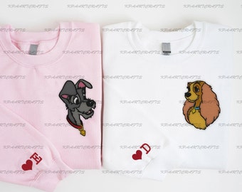 Lady and Tramp Valentine Embroidered Sweatshirt, Disney Embroidered Crewneck, Sweethearts Sweater, Embroidered Romantic Dog Couples Sweater