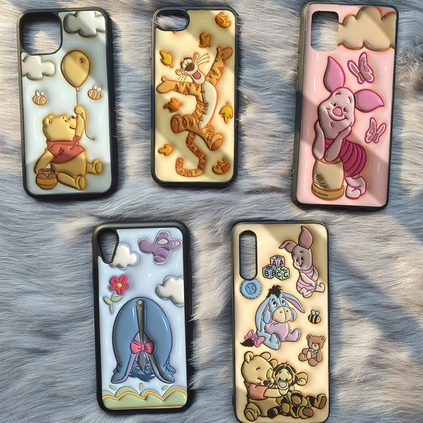 Cute Pooh and Friends Inflated Case, 3D Winnie the Pooh Friends Case, Pooh Bear Case, Classic Disney Phone Cover, iPhone 11 12 13 14 Case