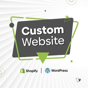 Könnte beinhalten: Grafik zur Werbung für individuelles Webdesign. Der Text "Custom Website" ist weiß auf einem dunkelgrauen Hintergrund, umrahmt von grünen Linien und Formen. Die Logos von Shopify und WordPress befinden sich unten.