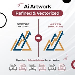 May include: A graphic display titled Ai Artwork Refined & Vectorized showing a comparison between a before image and an after vector version of a triangular arrow logo. Below are icons for AI, PNG, SVG, PDF, JPG, and DXF file formats.