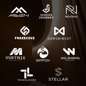 May include: A collection of white logos on a dark brown background. The logos feature various geometric designs and text, including "MAVEN," "SERENE JOURNEY," "REVONIX," "FROZECOVE," "COREDIRECT," "MATRIX MOMENTUM," "SVIFOX," "WILDNOVA VENTURES," "TRANSLUCENT," and "STELLAR."