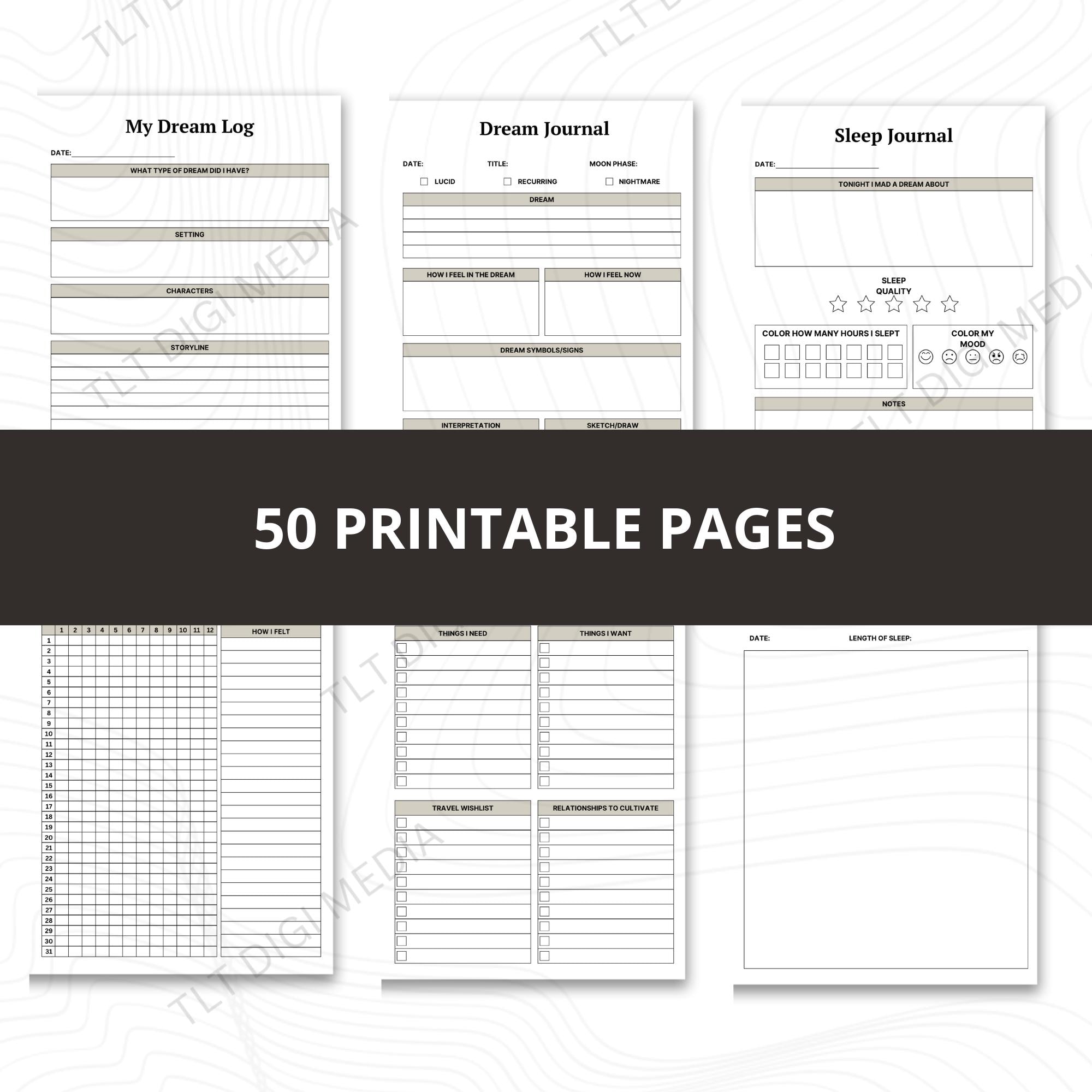 50-page Dream Journal Printable | Dream Log, Sleep Tracker, Reflections ...