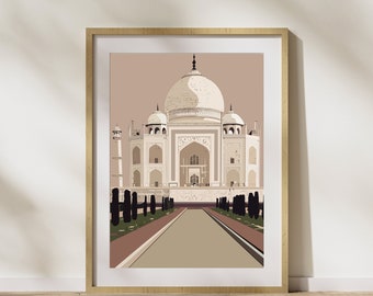 May include: A framed illustration of the Taj Mahal, a white marble mausoleum in Agra, India. The illustration depicts the building with its intricate details and a pathway leading to the entrance.