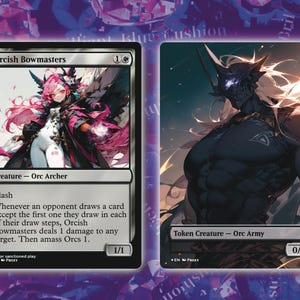 Könnte beinhalten: Zwei Fantasy-Sammelkarten. Die erste Karte zeigt eine Illustration eines weiblichen Orc-Bogenschützen mit rosa Haaren und einem schwarz-rosa Outfit. Die zweite Karte zeigt einen muskulösen Orc Army-Charakter. Die Karten haben einen schwarzen Rand und weißen Text.