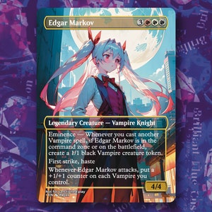 Op de afbeelding: Een fantasy trading card met een vrouwelijke vampierridder met roze haar en een rode strik. De kaart heeft de titel "Edgar Markov" en heeft een kracht en uithoudingsvermogen van 4/4. De kaarttekst luidt: "Eminence - Wanneer je een andere vampierspreuk speelt, als Edgar Markov in de commandozone of op het slagveld is, creëer dan een 1/1 zwarte vampierkreatuurtoken. Eerste aanval, haast. Wanneer Edgar Markov aanvalt, plaats dan een +1/+1-counter op elke vampier die je controleert."