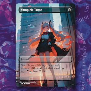 May include: A Magic: The Gathering card with a black border and white text. The card is titled "Vampiric Tutor". The card art features a woman with long white hair and a black and red outfit standing in a city setting. The text on the card reads: "Instant. Search your library for a card, then shuffle and put that card on top. You lose 2 life."