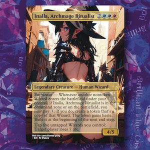 May include: A Magic: The Gathering proxy card featuring Inalla, Archmage Ritualist. The card depicts a female wizard with black armor and a hat, set against a detailed cityscape background. The card text includes the creature type, abilities, and power/toughness.