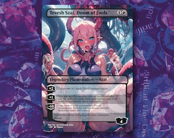 May include: A Magic: The Gathering card featuring Tevesh Szat, Doom of Fools. The card art shows a female figure with pink hair and tentacles. The card text includes abilities and mana cost. The card is labeled as a Legendary Planeswalker.