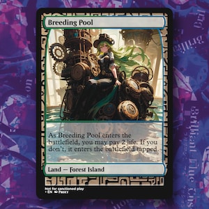 May include: A green and blue Magic: The Gathering card with the text "Breeding Pool" and the text "As Breeding Pool enters the battlefield, you may pay 2 life. If you don't, it enters the battlefield tapped." The card also has the text "Land - Forest Island".