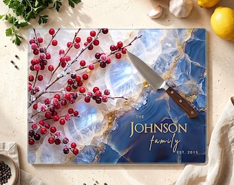Personalized Tempered Glass Cutting Board, Ruby Red Frosted Evergreen, Custom Family Name, Christmas & Housewarming Gift, Winterberry