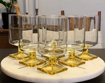 Set of 6 Federal Glass Nordic Topaz Water Goblet | Blown Glass | Golden Yellow Square Base | Wine Cocktail Bar| MCM