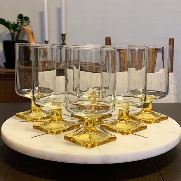 Set of 6 Federal Glass Nordic Topaz Water Goblet | Blown Glass | Golden Yellow Square Base | Wine Cocktail Bar| MCM