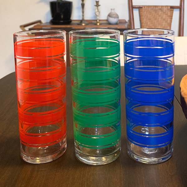 Vintage Libbey Highball Tom Collins Glasses | Set of Three | Striped Blue Red Green